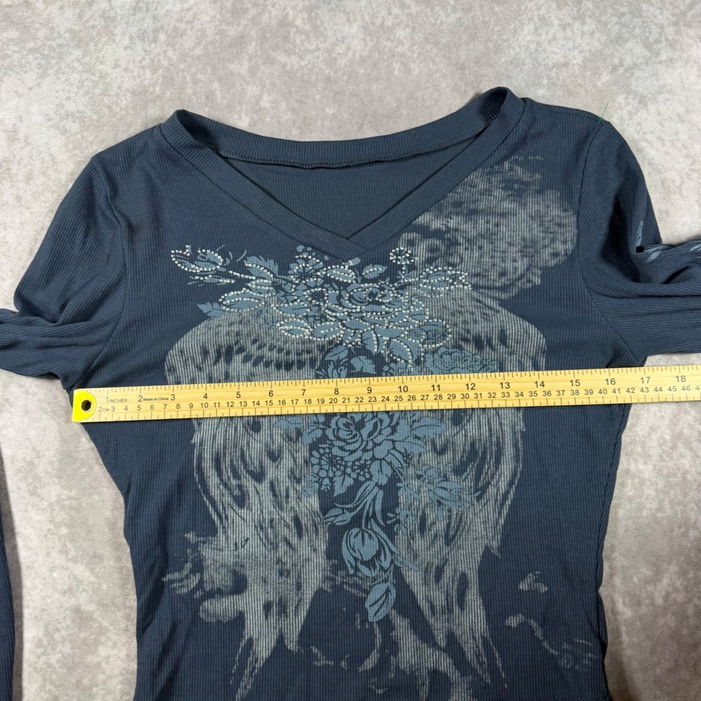 Vintage Y2K Ribbed Graphic V-Neck Crop Top Rhinestone Wing Floral Blue Large - Picture 6 of 7